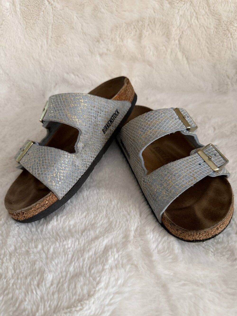 Birkenstock Arizona Shiny Python Two-Strap Dusty Blue Slide Sandal Size: EU36 - Picture 2 of 16